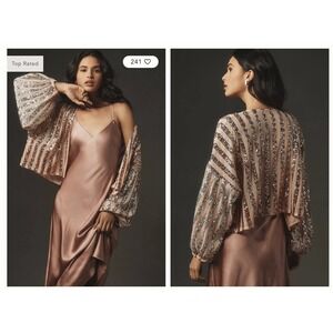 Anthropologie Sequin Stripe Jacket Party Rose Gold Blush Pink Open Front Oversiz